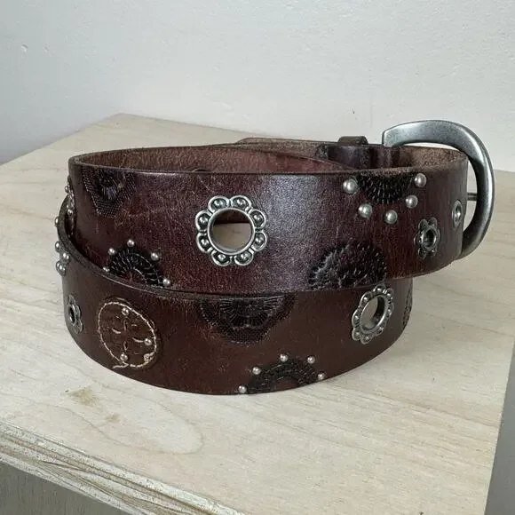 FOSSIL Womens Belt brown Floral Embroidered Leather M Boho Studded Boho Y2K - Picture 3 of 7